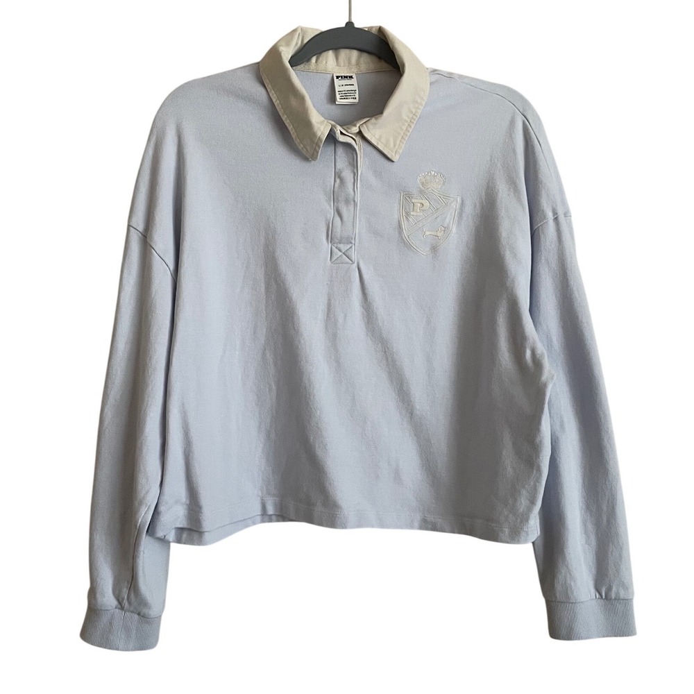 PINK Victoria's Secret Large Light Pastel Blue Rugby Polo Long Top Ivy League